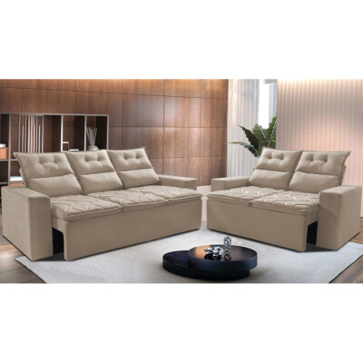 Conjunto de Sofá 3 e 2 Lugares Retrátil e Reclinável 2,00x1,50m Cama inBox Smal Suede Bege