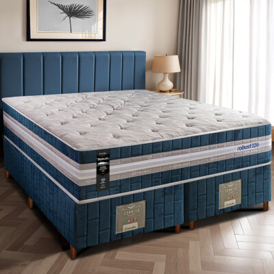 Cama Box Queen Colchão + Box 158x198x70 com Molas Ensacadas Robust 220 Azul Cama inBox