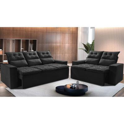 Conjunto de Sofá 3 e 2 Lugares Retrátil e Reclinável 2,00x1,50m Cama inBox Smal Suede Preto