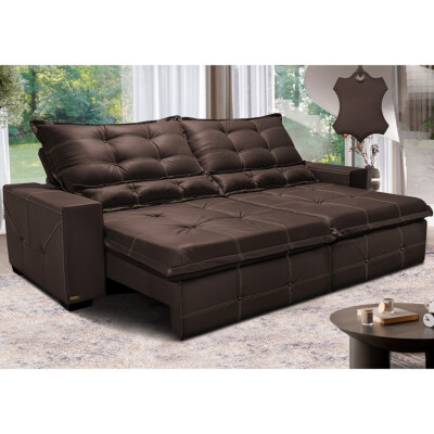 Sofá de Couro Legítimo Retrátil e Reclinável 3,15m Cama inBox Toro SoftGel D40 Marrom