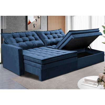 Sofá Sem Caixa Retrátil Baú 1,80m Cama inBox Secret Suede Velusoft Azul 