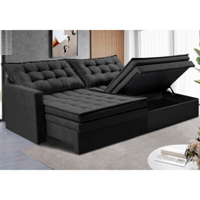 Sofá Sem Caixa Retrátil Baú 1,60m Cama inBox Secret Suede Velusoft Preto 