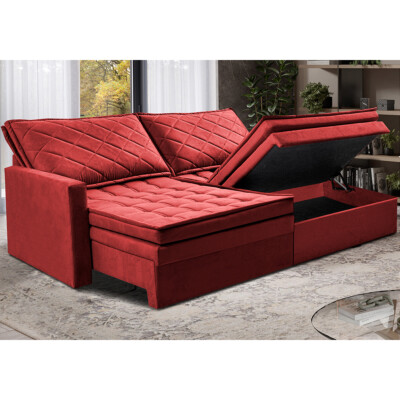 Sofá Sem Caixa Retrátil Baú 1,80m Cama inBox Locker Suede Velusoft Vermelho 