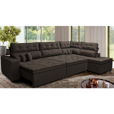 Sofá de Canto Retrátil e Reclinável Direito 3,00x2,36m Molas Cama inBox Espanha Velusoft Café