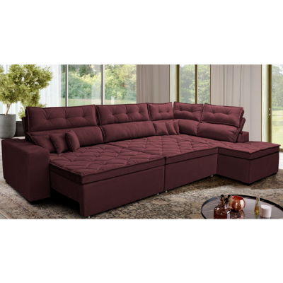 Sofá de Canto Retrátil e Reclinável Direito 3,40x2,36m Molas Cama inBox Espanha Velusoft Vinho