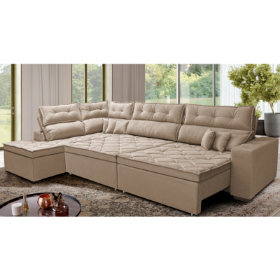Sofá de Canto Retrátil e Reclinável Esquerdo 3,40x2,36m Molas Cama inBox Espanha Velusoft Bege