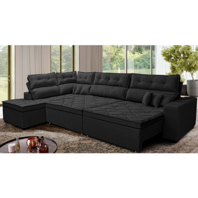 Sofá de Canto Retrátil e Reclinável Esquerdo 3,40x2,36m Molas Cama inBox Espanha Velusoft Preto