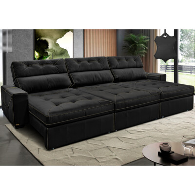 Sofá de Couro Legítimo Retrátil e Reclinável 3,55m Cama inBox Vitaly SoftGel D40 Preto