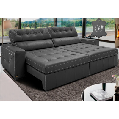 Sofá de Couro Elétrico Retrátil 2,15m Cama inBox Gran Vitaly SoftGel D40 Cinza