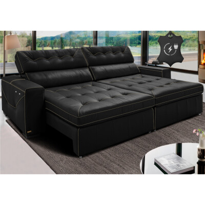 Sofá de Couro Elétrico Retrátil 2,35m Cama inBox Gran Vitaly SoftGel D40 Preto