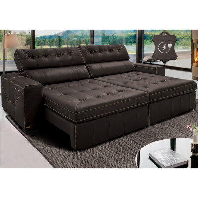 Sofá de Couro Elétrico Retrátil 2,35m Cama inBox Gran Vitaly SoftGel D40 Marrom
