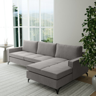 Sofá Living com Chaise Direita Cama inBox Kiev 2,40m Linho Cinza Claro