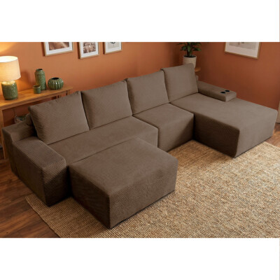 Sofá 4 Lugares Modular com Chaise Dir Evo Four 3,40m AirPress XpandTech em Velourê Marrom Cama inBox