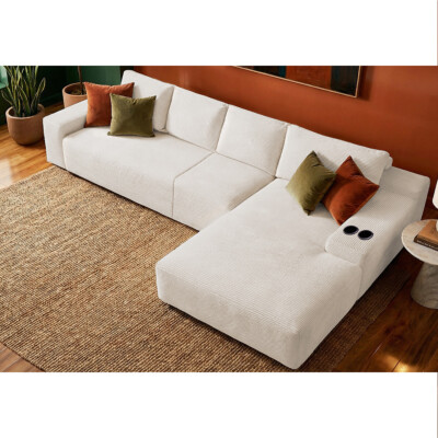 Sofá 4 Lugares Modular com Chaise Dir Evo Three 3,40m AirPress XpandTech em Velourê Bege Cama inBox