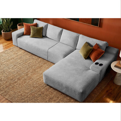 Sofá 4 Lugares Modular com Chaise Dir Evo Three 3,40m AirPress XpandTech em Velourê Cinza Claro Cama inBox