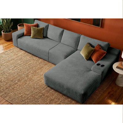 Sofá 4 Lugares Modular com Chaise Dir Evo Three 3,40m AirPress XpandTech em Velourê Cinza Escuro Cama inBox