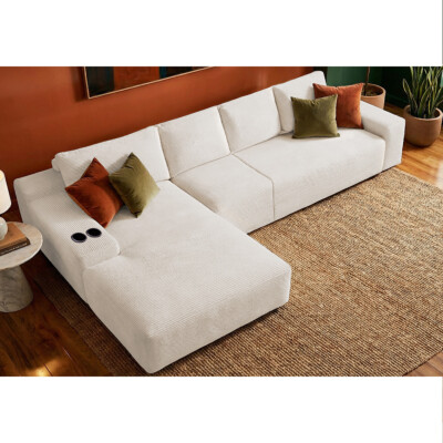 Sofá 4 Lugares Modular com Chaise Esq Evo Three 3,40m AirPress XpandTech em Velourê Bege Cama inBox