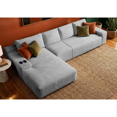 Sofá 4 Lugares Modular com Chaise Esq Evo Three 3,40m AirPress XpandTech em Velourê Cinza Claro Cama inBox