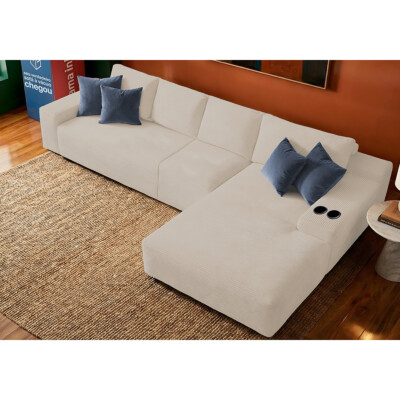 Sofá Modular Evo de 4 Lugares com Chaise Direita Velourê Bege