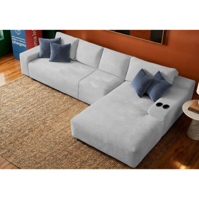 Sofá Modular Evo de 4 Lugares com Chaise Direita Velourê Cinza Claro