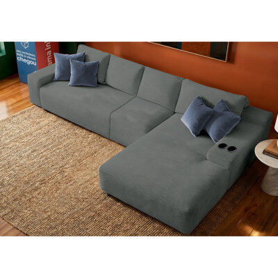 Sofá Modular Evo de 4 Lugares com Chaise Direita Velourê Cinza Escuro