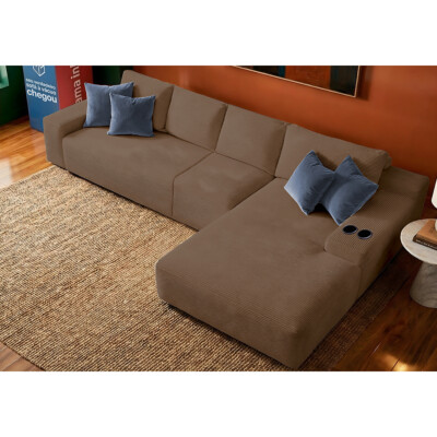 Sofá Modular Evo de 4 Lugares com Chaise Direita Velourê Marrom