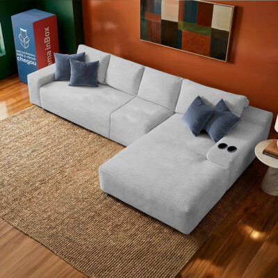 Sofá Modular Evo de 4 Lugares com Chaise Direita Velourê Cinza Claro