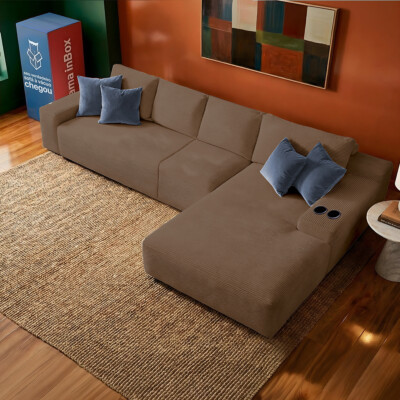 Sofá Modular Evo de 4 Lugares com Chaise Direita Velourê Marrom