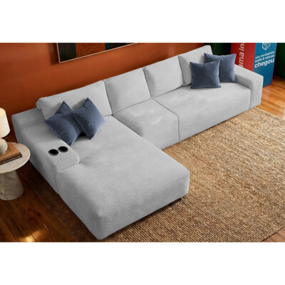 Sofá Modular Evo de 4 Lugares com Chaise Esquerda Velourê Cinza Claro
