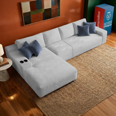 Sofá Modular Evo de 4 Lugares com Chaise Esquerda Velourê Cinza Claro