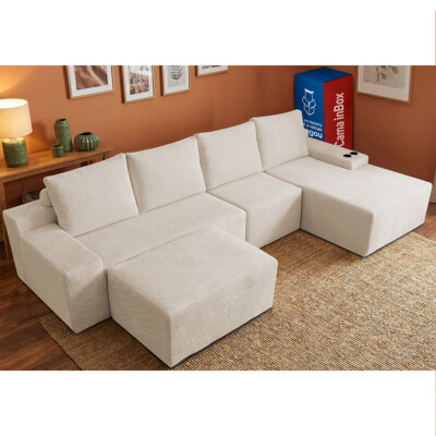 Sofá Modular Evo de 4 Lugares com apoio Chaise Direita Velourê Bege