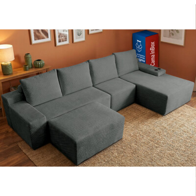 Sofá Modular Evo de 4 Lugares com apoio Chaise Direita Velourê Cinza Escuro