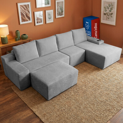 Sofá Modular Evo de 4 Lugares com apoio Chaise Direita Velourê Cinza Claro