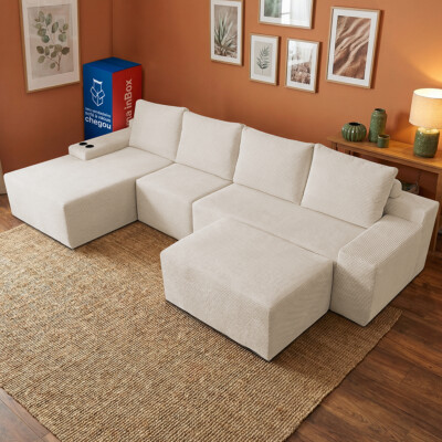 Sofá Modular Evo de 4 Lugares com apoio Chaise Esquerda Velourê Bege