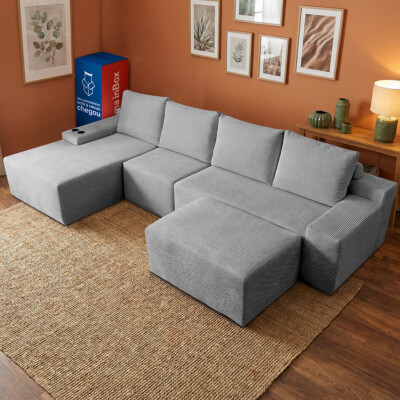 Sofá Modular Evo de 4 Lugares com apoio Chaise Esquerda Velourê Cinza Claro