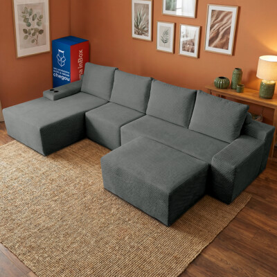 Sofá Modular Evo de 4 Lugares com apoio Chaise Esquerda Velourê Cinza Escuro