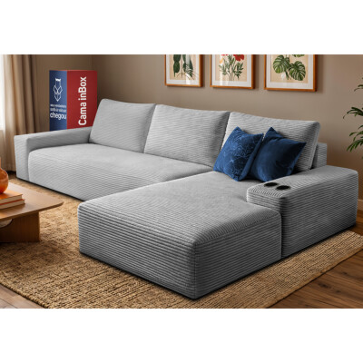 Sofá Modular Evo de 3 Lugares com Chaise Direita Velourê Cinza Claro