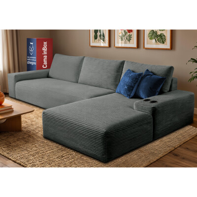 Sofá Modular Evo de 3 Lugares com Chaise Direita Velourê Cinza Escuro