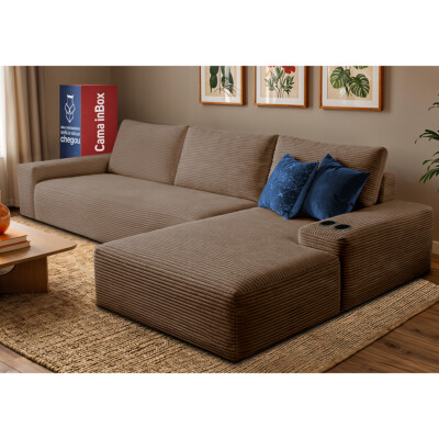 Sofá Modular Evo de 3 Lugares com Chaise Direita Velourê Marrom