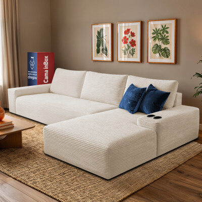 Sofá Modular Evo de 3 Lugares com Chaise Direita Velourê Bege