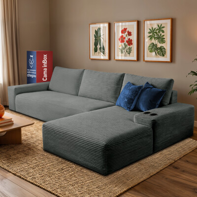 Sofá Modular Evo de 3 Lugares com Chaise Direita Velourê Cinza Escuro