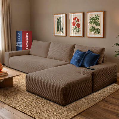 Sofá Modular Evo de 3 Lugares com Chaise Direita Velourê Marrom