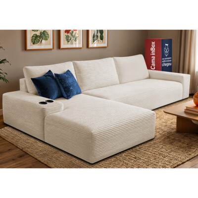 Sofá Modular Evo de 3 Lugares com Chaise Esquerda Velourê Bege