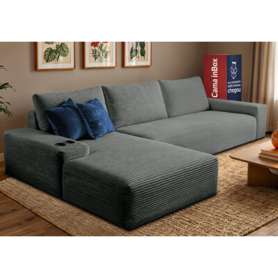 Sofá Modular Evo de 3 Lugares com Chaise Esquerda Velourê Cinza Escuro