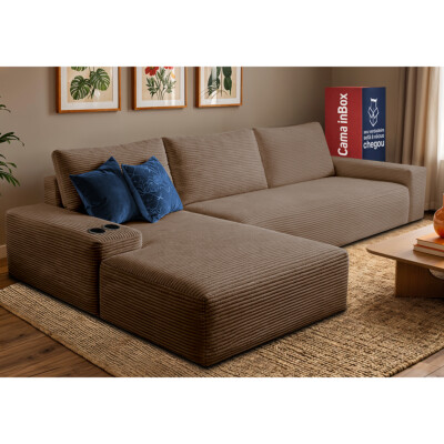 Sofá Modular Evo de 3 Lugares com Chaise Esquerda Velourê Marrom