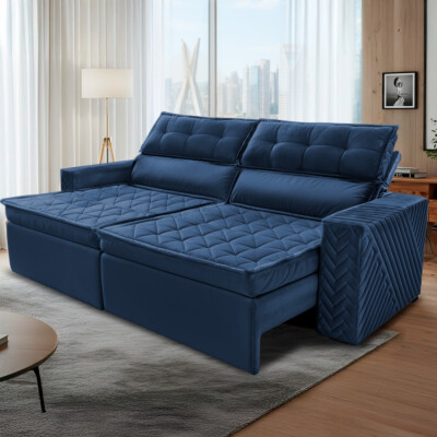Sofá Retrátil e Reclinável 2,00m Cama inBox Charm Velusoft Azul