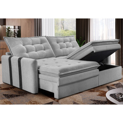 Sofá Baú Sem Caixa Retrátil 1,80m SoftGel Petit Boucle Cinza Claro Cama inBox