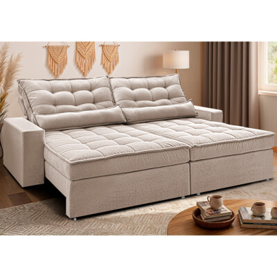 Sofá Retrátil e Reclinável 3,12m Molas Ensacadas Belle Boucle Bege Claro Cama inBox