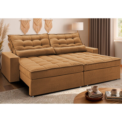 Sofá Retrátil e Reclinável 2,32m Molas Ensacadas Belle Boucle Caramelo Cama inBox