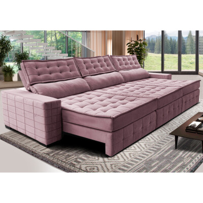 Sofá Retrátil e Reclinável 3,85m Cama inBox Big Puffer com SoftGel D40 Velupluma Rose